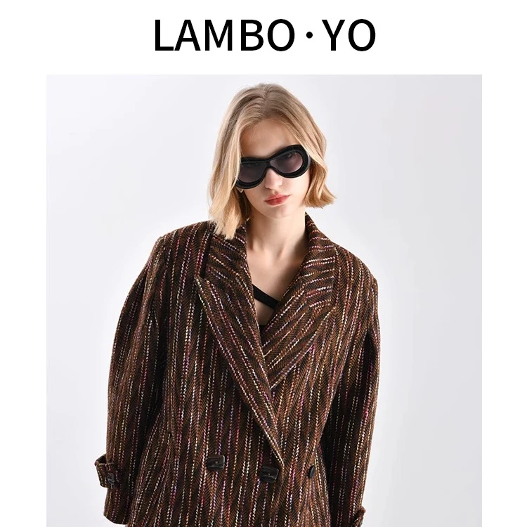LAMBOYO原创复古彩条中长款大衣休闲质感加厚外套