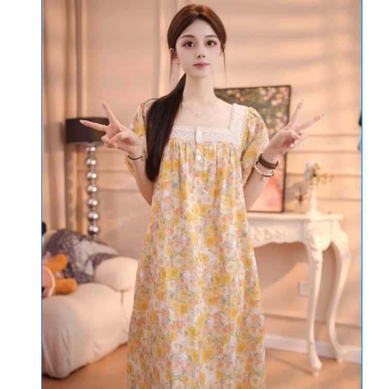 【玫瑰的故事】新碎花女睡裙方领印花日系韩版气质小金