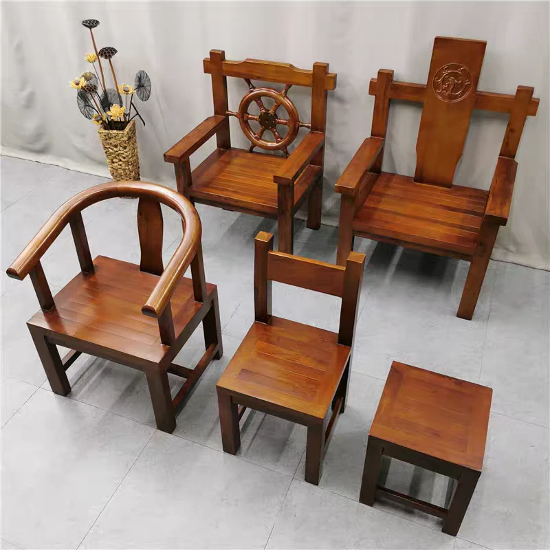 老船木椅子全实木椅子红棕色橘黄色大椅子摇椅凳子阳台圈椅茶桌椅