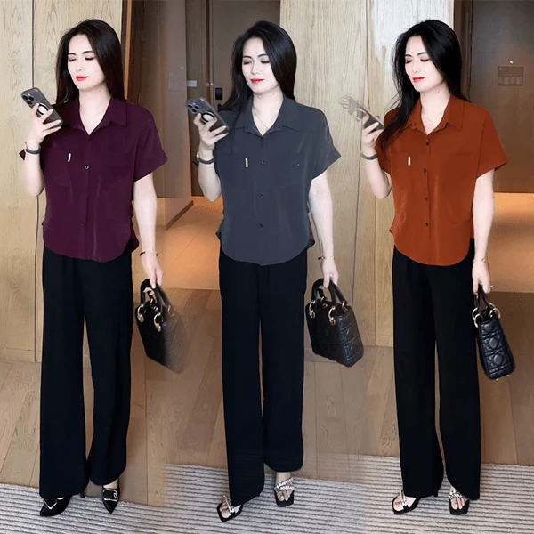 极简风时尚套装女2025夏季新款宽松减龄薄款短袖衬衫阔腿裤两件套