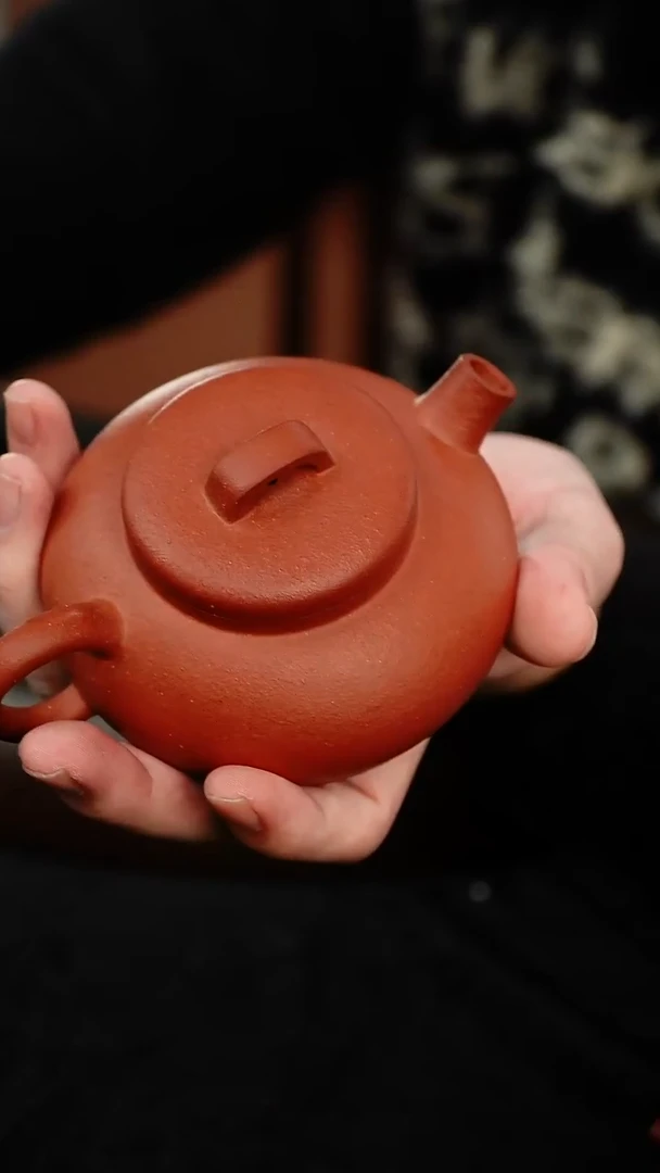 茶壶紫砂扁鼓  朱泥