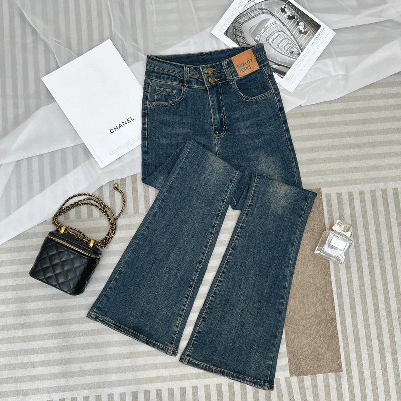 复古蓝双排扣微喇牛仔裤女2024年秋季新款高腰修身显瘦裤加绒加厚