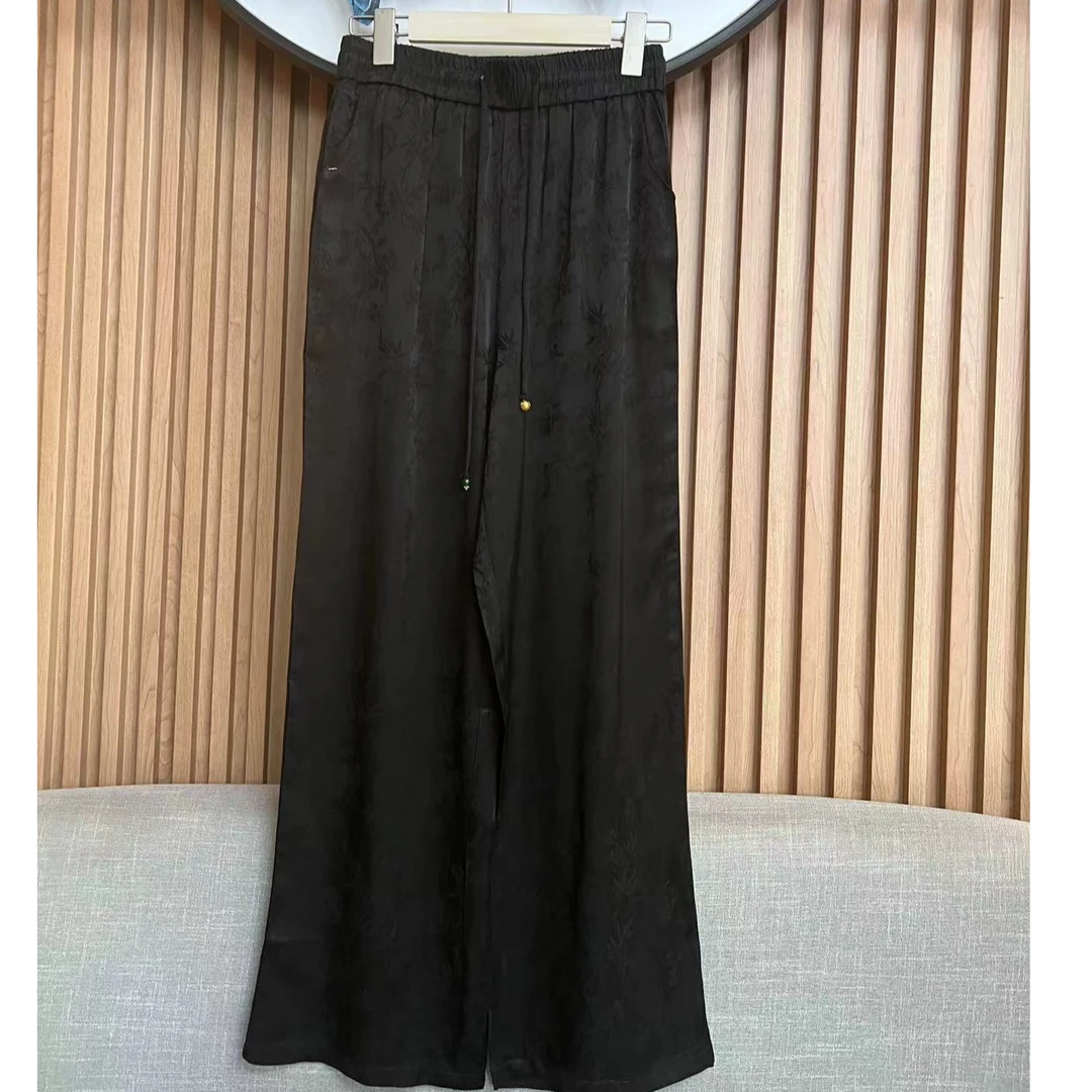 5557休闲裤春季国风时尚长裤提花中式黑色无弹力透气高腰新中式