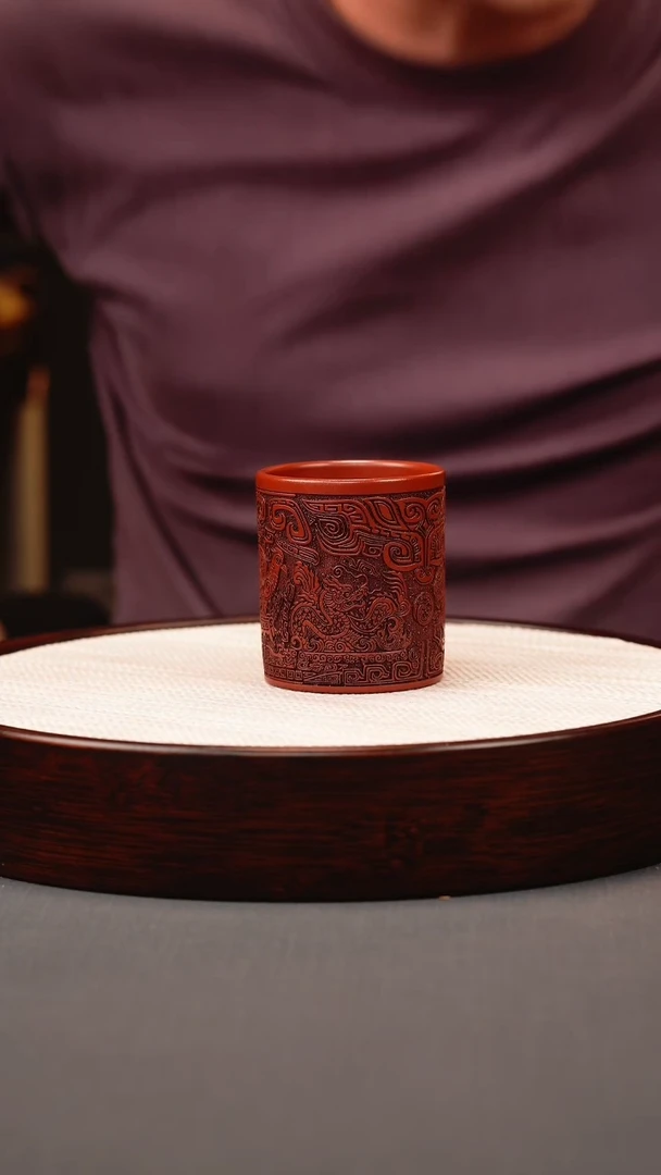 茶壶紫砂红皮龙 四大神兽直筒杯