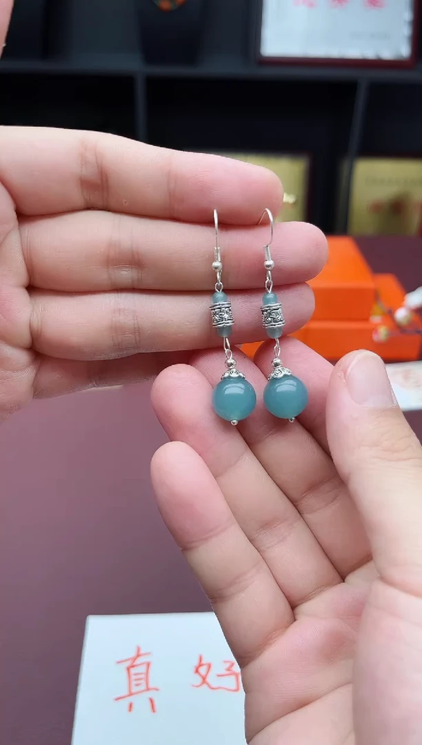 石英质玉（天山翠）银S925镶嵌耳饰420000