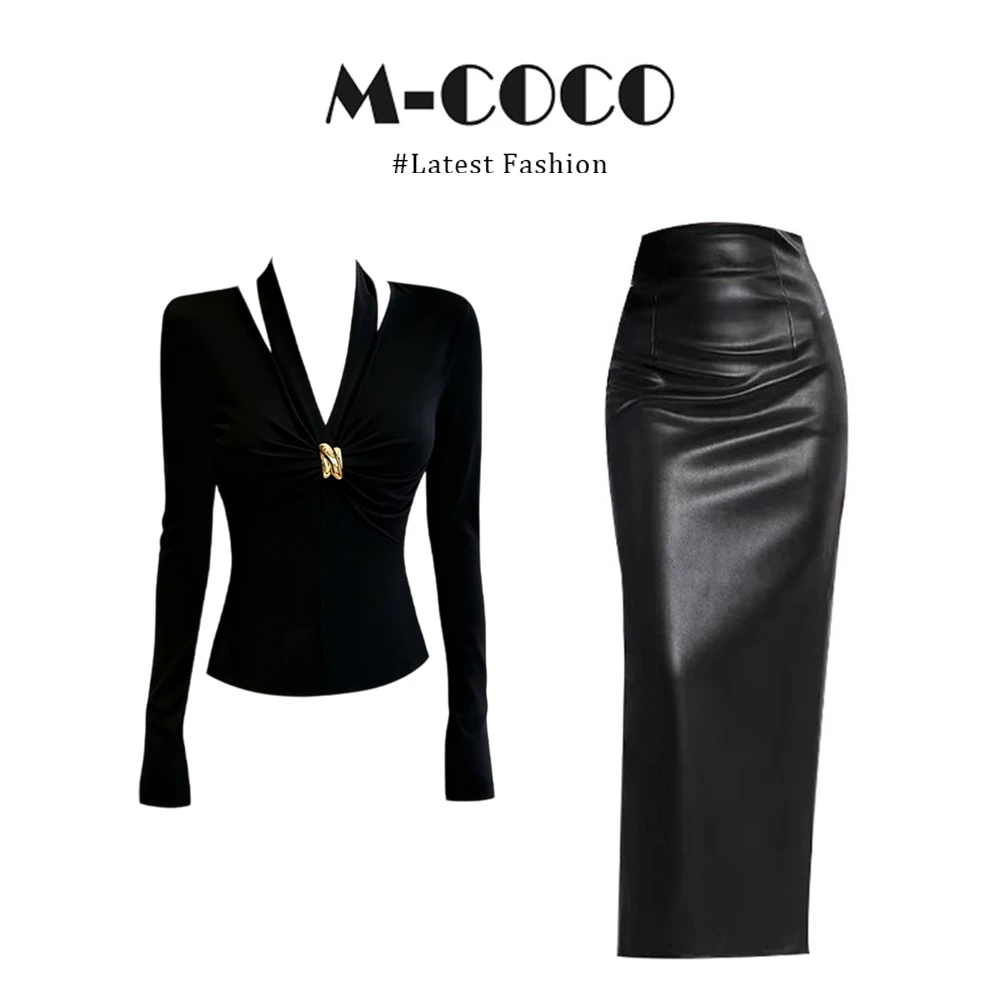 INS CEC御姐辣妹风黑色V领褶皱长袖T恤秋季包臀半身裙两件套装女