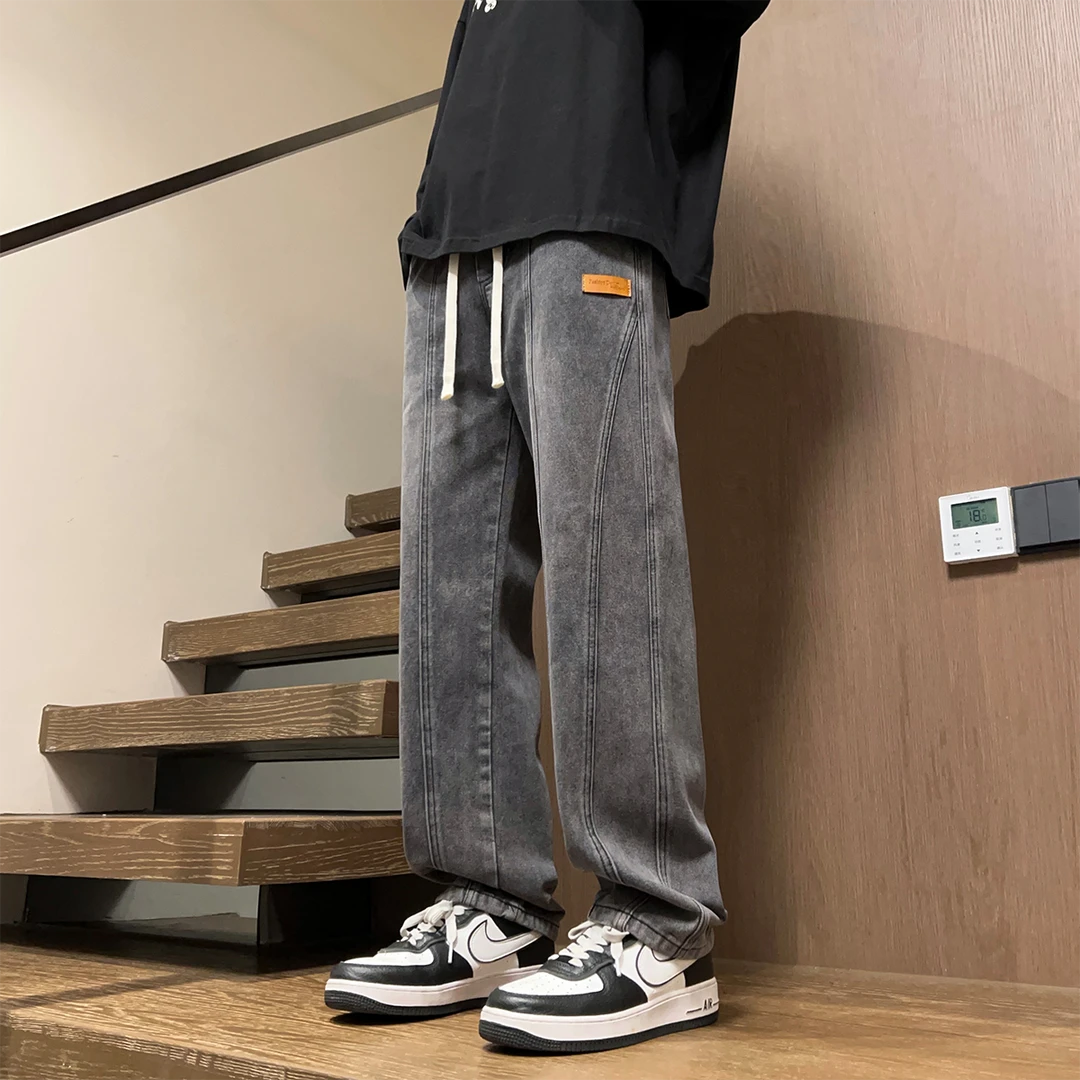 阔腿拼接牛仔裤男生春季新款港风宽松大码直筒休闲长裤美式裤子男