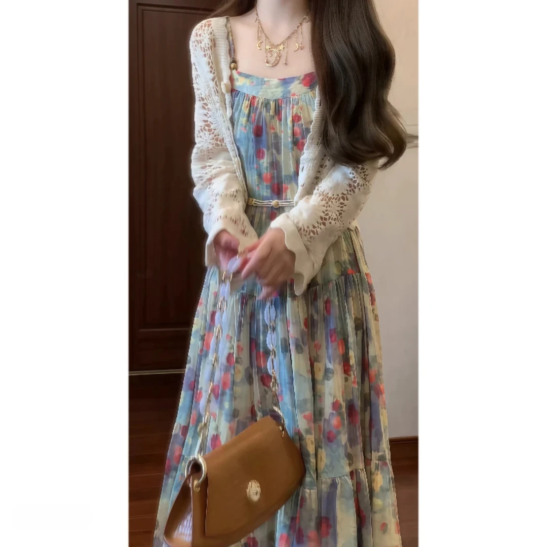 法式高级设计感油画印花碎花吊带连衣裙海边旅游度假风长裙开衫