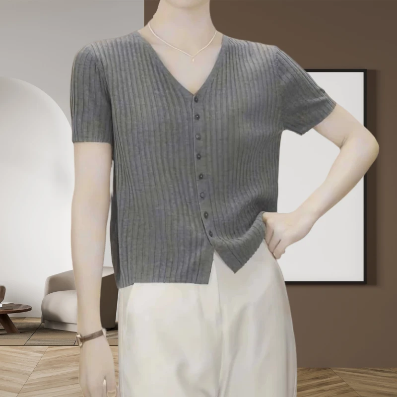 春季针织时尚T恤百搭薄款透气纯色V领短袖开衫气质显瘦短款上衣