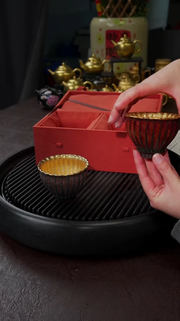 【闪购商品】杯【宜景窑天目釉鎏金系列】筋纹宫灯套组