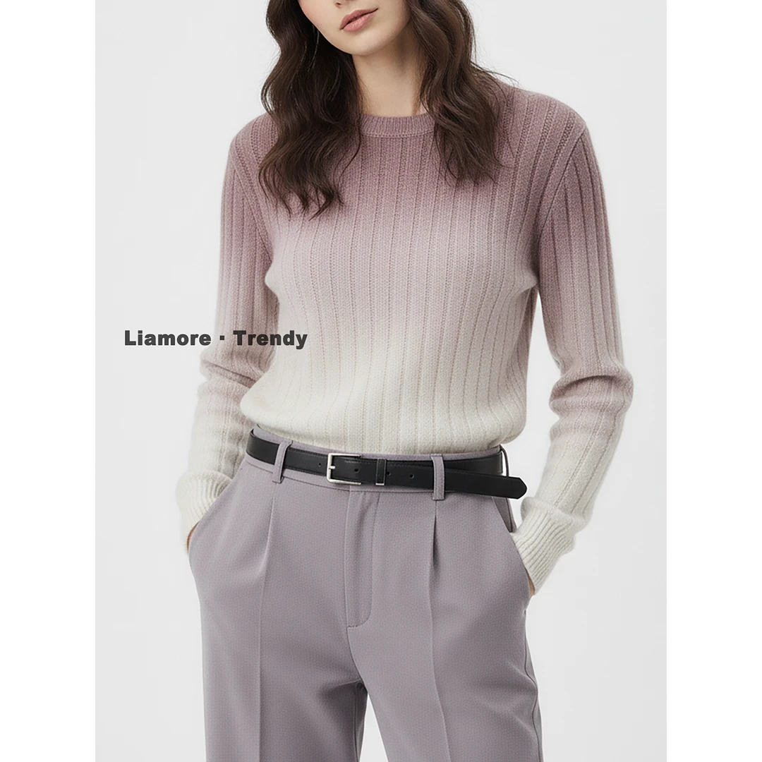 采钰同款渐变紫针织衫女纯羊毛拉绒圆领简约时髦慵懒Ba*套头毛衣