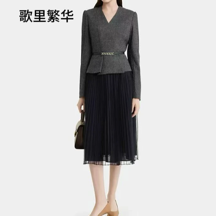 【歌里繁华】B+2024秋季新款混色百褶拼接二合一V领中长连衣裙0173