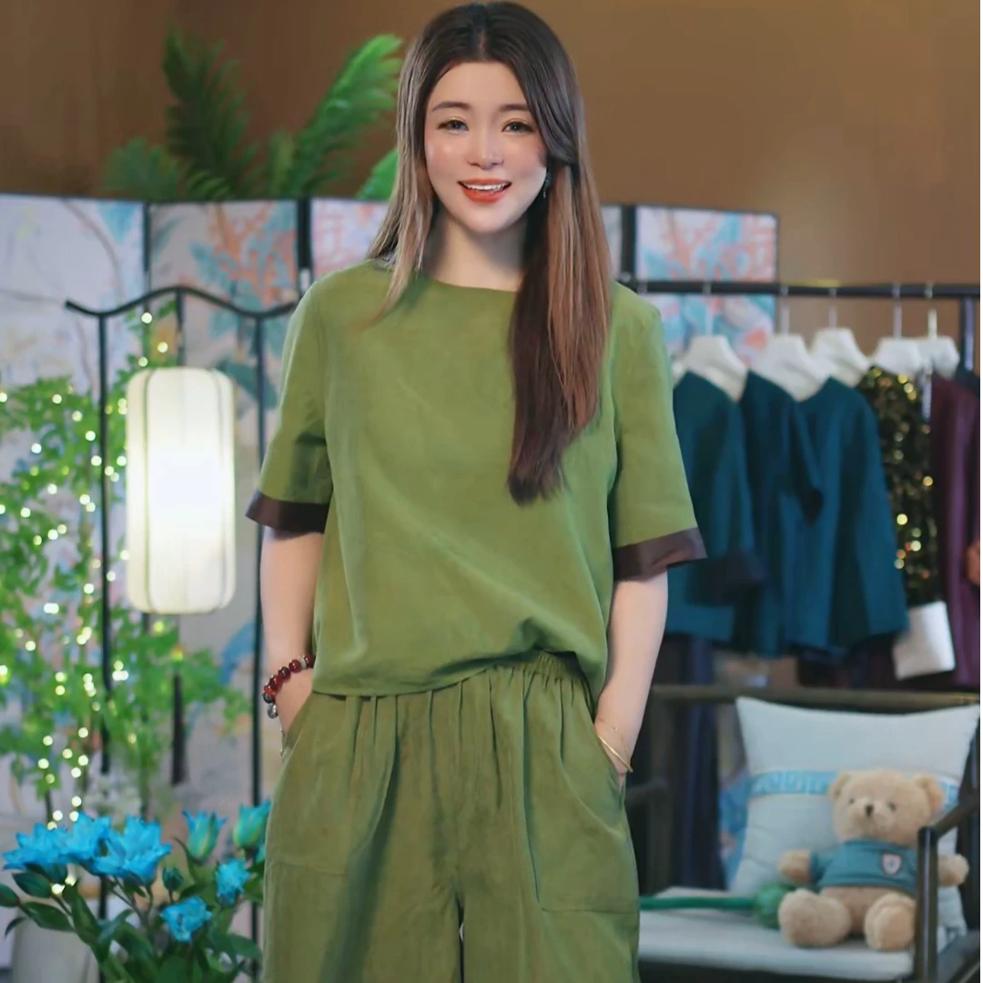 杯子家《芥末绿短袖上衣两面穿》桑蚕丝香云纱减龄洋气款