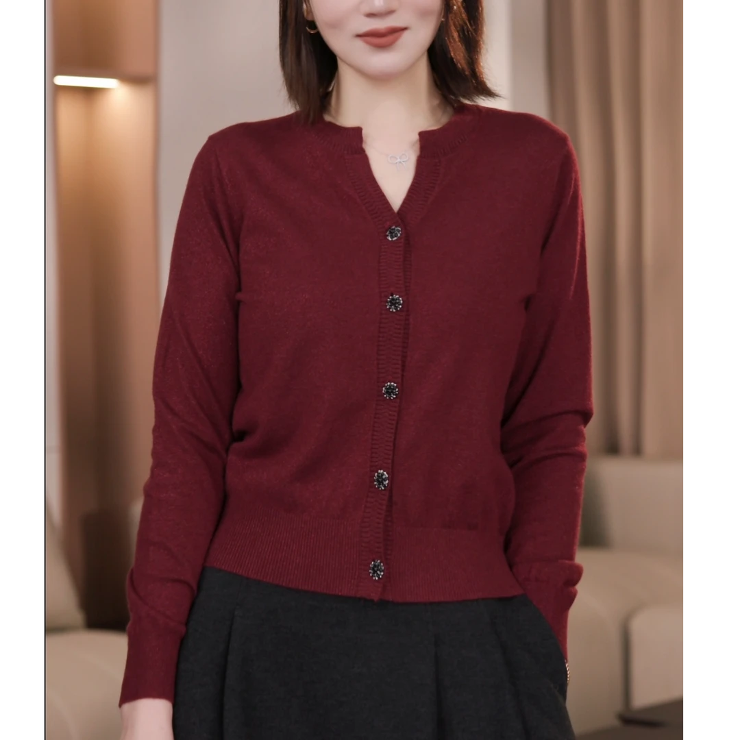 Nuovo Borgo 小香风V领针织开衫柔软修身显瘦长袖上衣女 0084