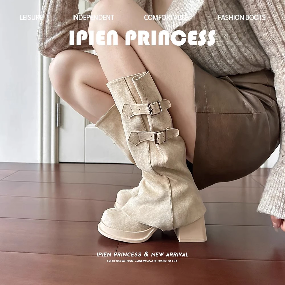 复古两穿中筒靴透气褶皱瘦瘦靴2025夏季新款厚底增高百搭西部靴女