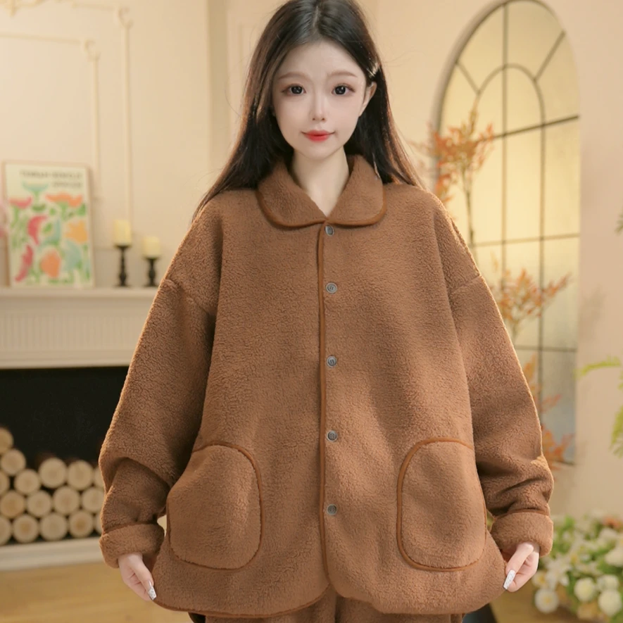 T秋冬新款长袖加绒厚款家居服高颜值柔软睡衣套装