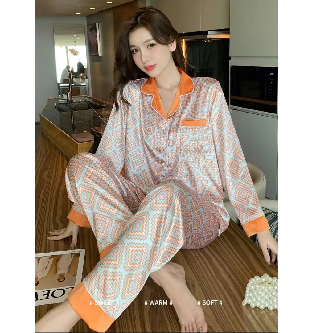 网红春夏冰雪软丝女士长袖时尚甜美睡衣男女外穿睡衣