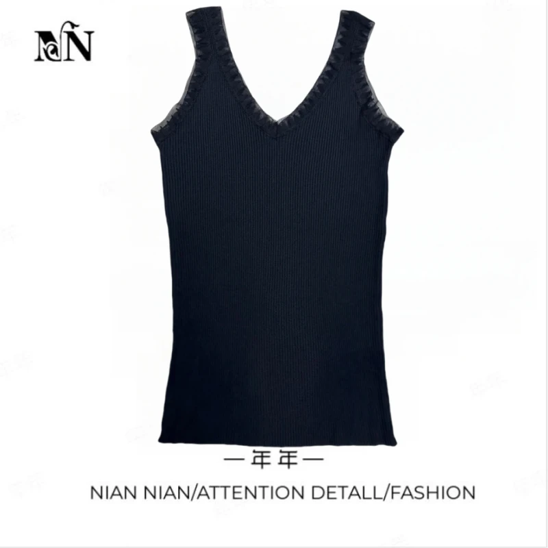 〖松岛〗年年2025秋冬新款冰丝针织花边小吊带背心女百搭v领上衣