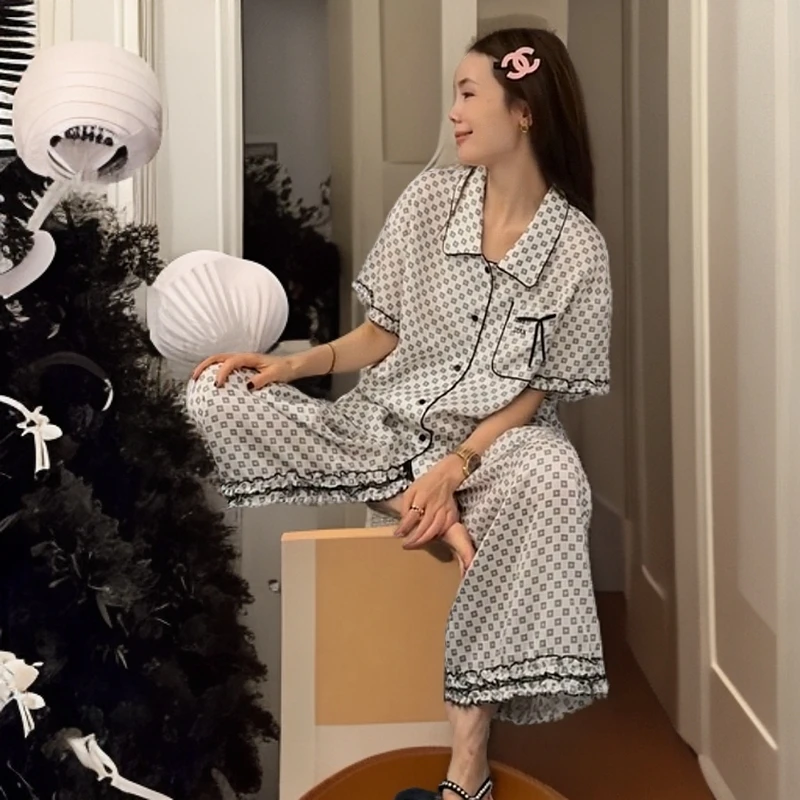 新款夏季凉感睡衣女休闲宽松木耳边短袖长裤女士居家服薄慵懒套装