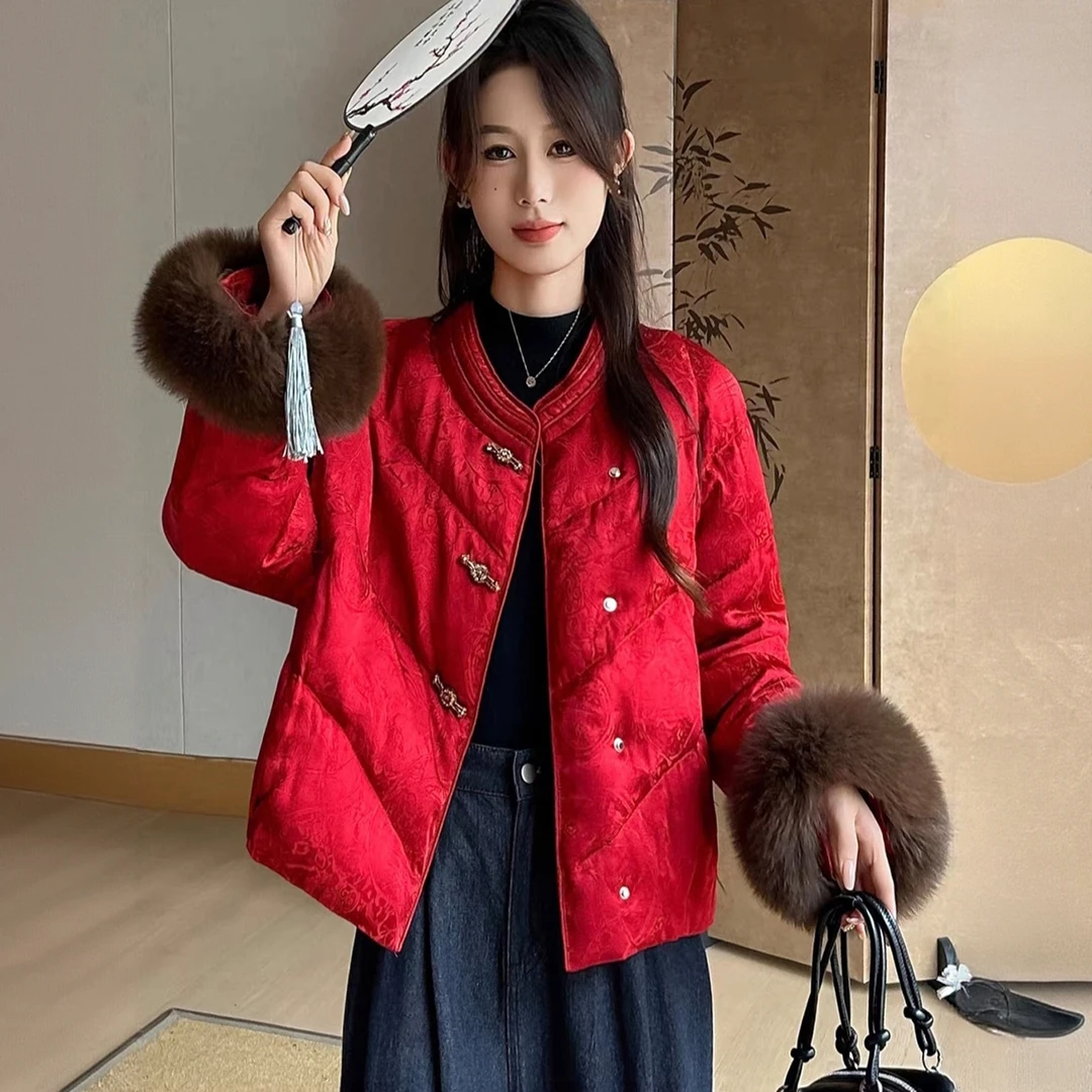 新中式红色国风提花设计感女2025冬季新款洋气保暖百搭立领短外套