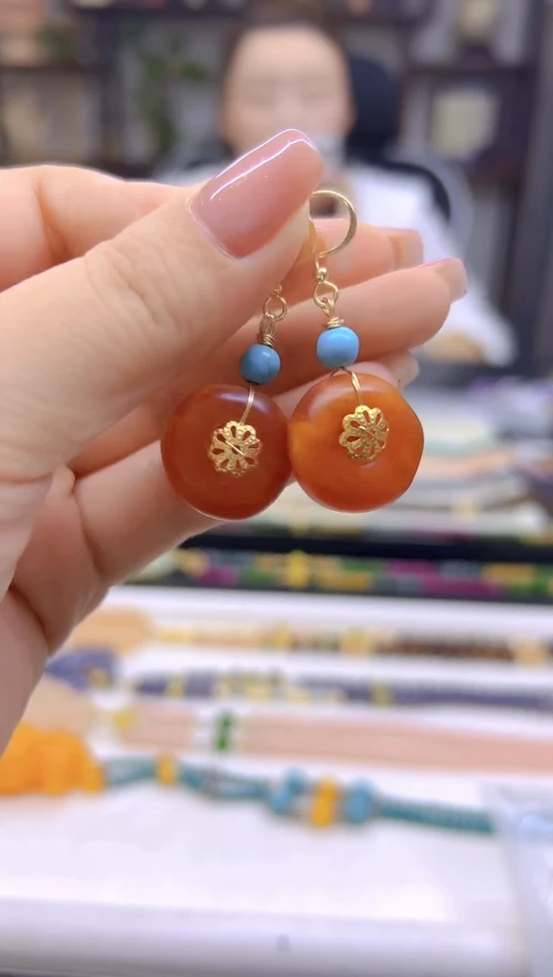 14K金镶嵌蜜蜡耳饰DIY款E65