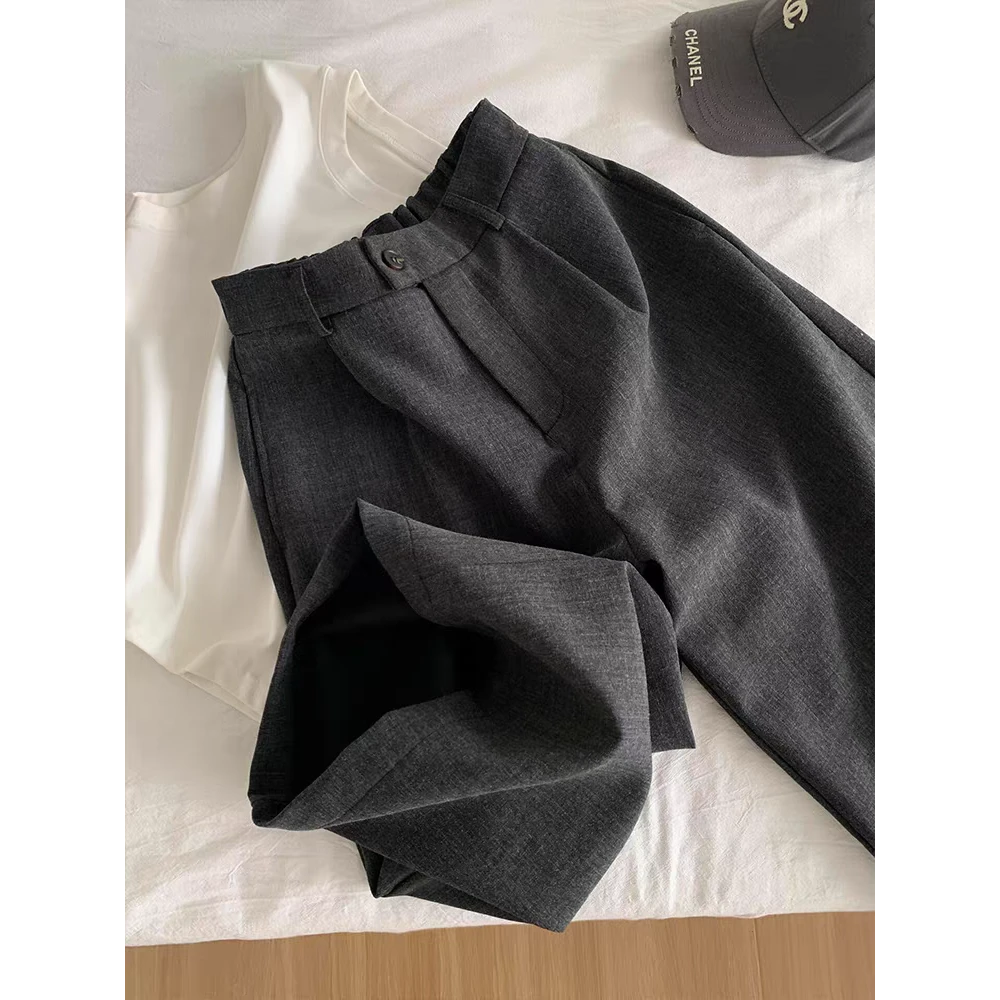真心舒服！巨推荐！韩系黑色休闲七分裤女松紧腰阔腿裤子直筒西装裤