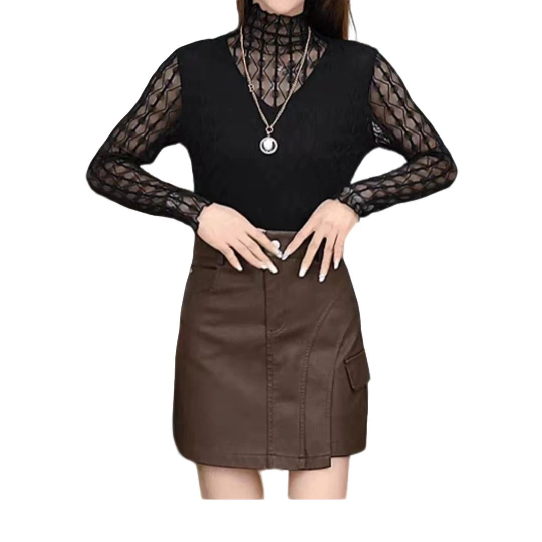 【珊珊服饰】春季新款时尚洋气蕾丝网纱镂空打底衫