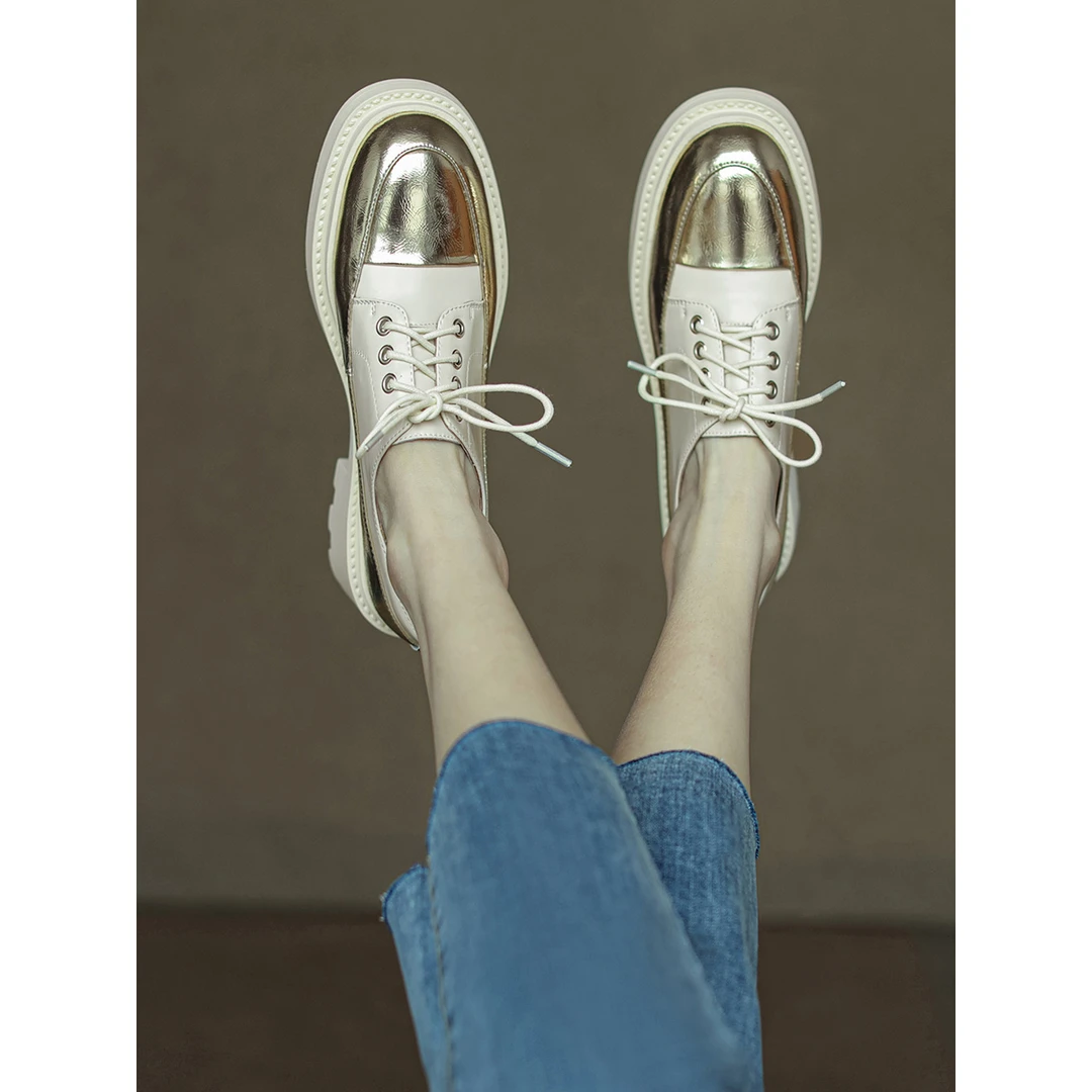 手工真皮~复古炸街~英伦风厚底小皮鞋系带乐福鞋女松糕底百搭单鞋