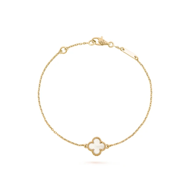 99新 梵克雅宝 Vca四叶草18k黄金白贝母手链