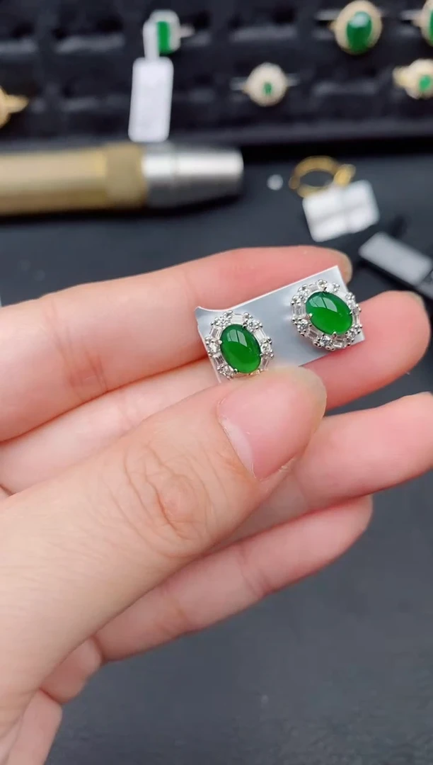 银S925镶嵌翡翠耳饰天然a货翡翠491