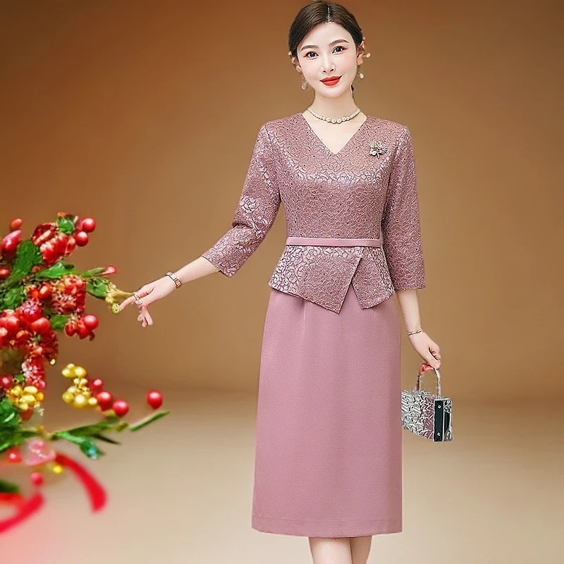 喜妈妈婚宴礼服气质显瘦裙子喜婆婆春秋修身洋气丈母娘蕾丝连衣裙