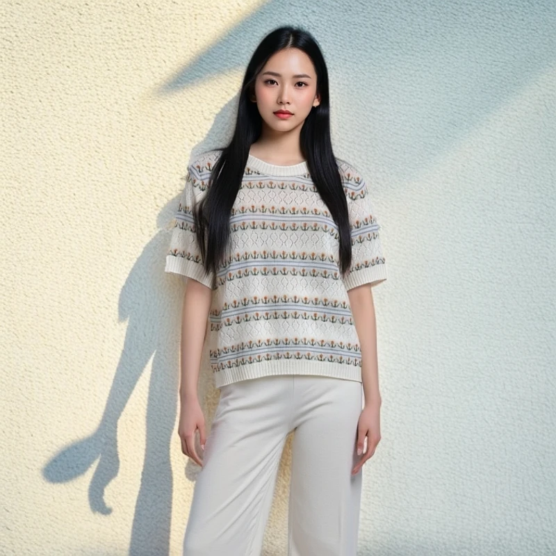 【夏日海风】100%山羊绒显瘦套头短袖羊绒衫女上衣圆领虚提条纹薄款