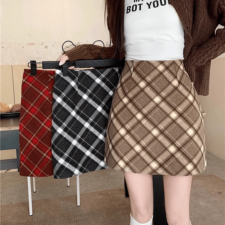 复古格子撞色毛呢半身裙女秋季小个子高腰包臀裙红色短裙a字裙子