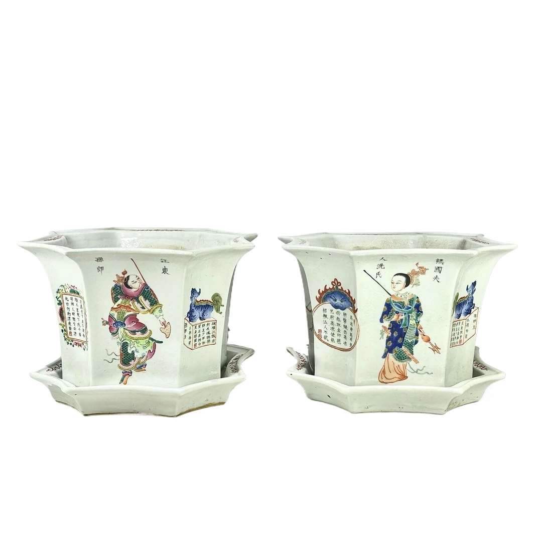 粉彩诗文无双谱花盆7189