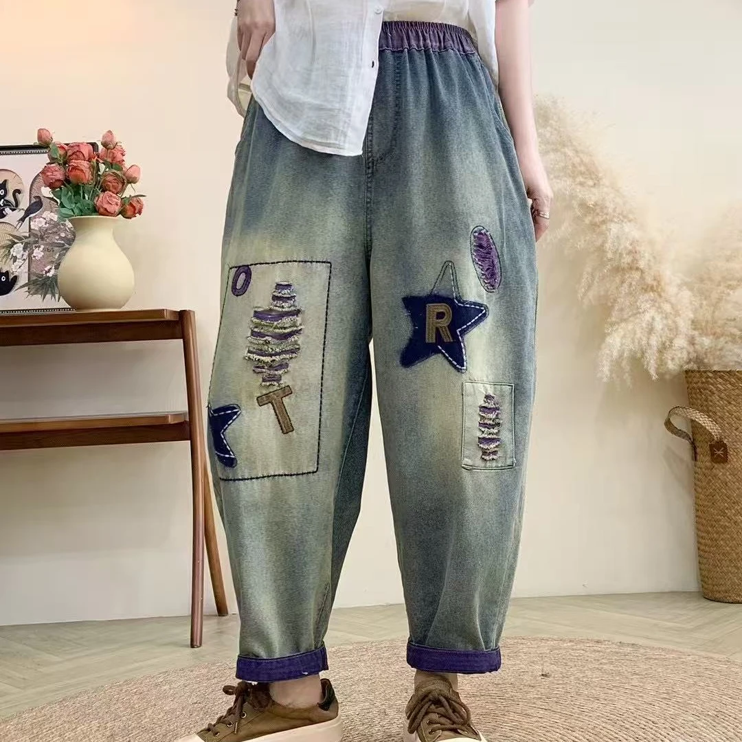 2025春秋炒色砂洗贴布刺绣休闲松紧腰牛仔裤