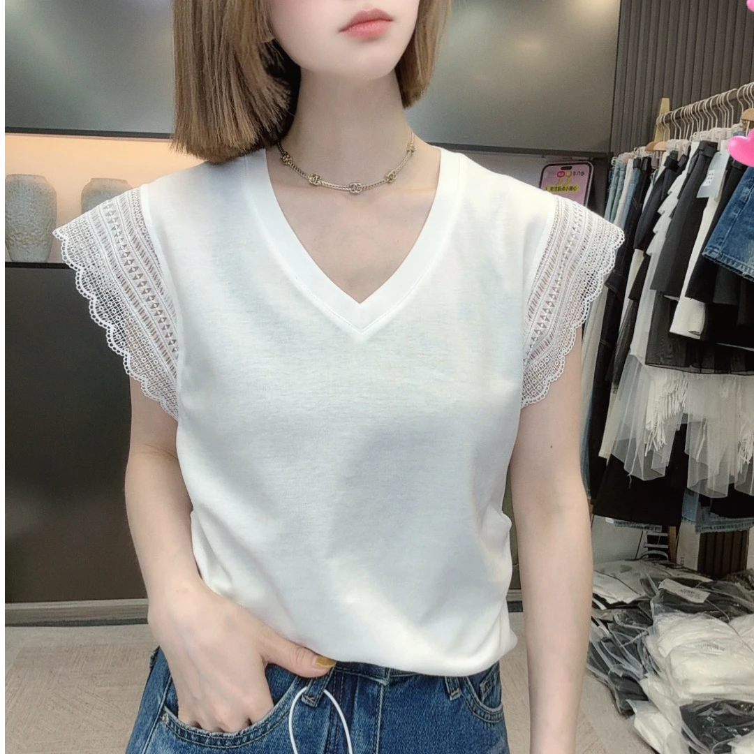 ZOZO-8938-859夏季新款女镂空袖V领素板T恤