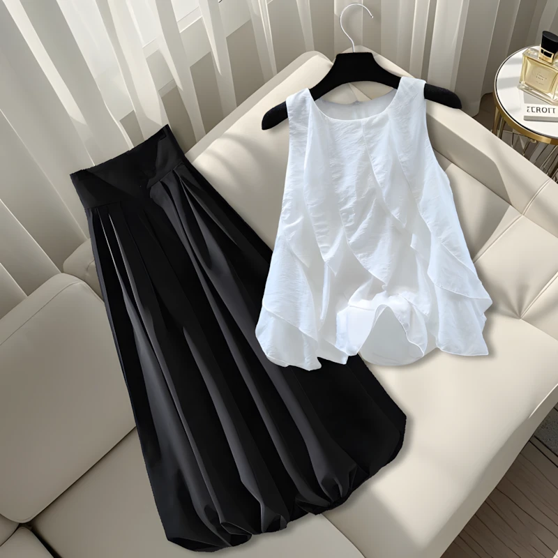 荷叶边拼接圆领套头衬衫2025夏季宽松显瘦上衣黑色百搭半身裙套装