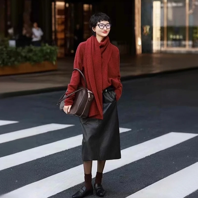 时尚毛衣衫女秋冬法式小众设计宽松简约休闲百搭假两件围脖针织衫