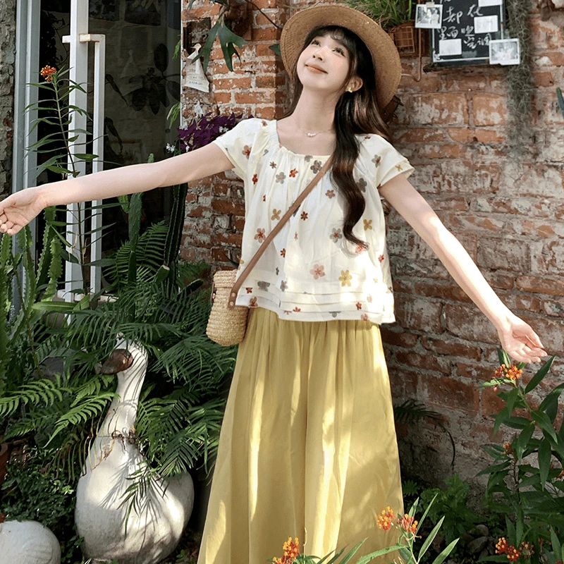 森系文艺风法式时尚套装女2025夏季小清新碎花衬衫搭阔腿裤两件套