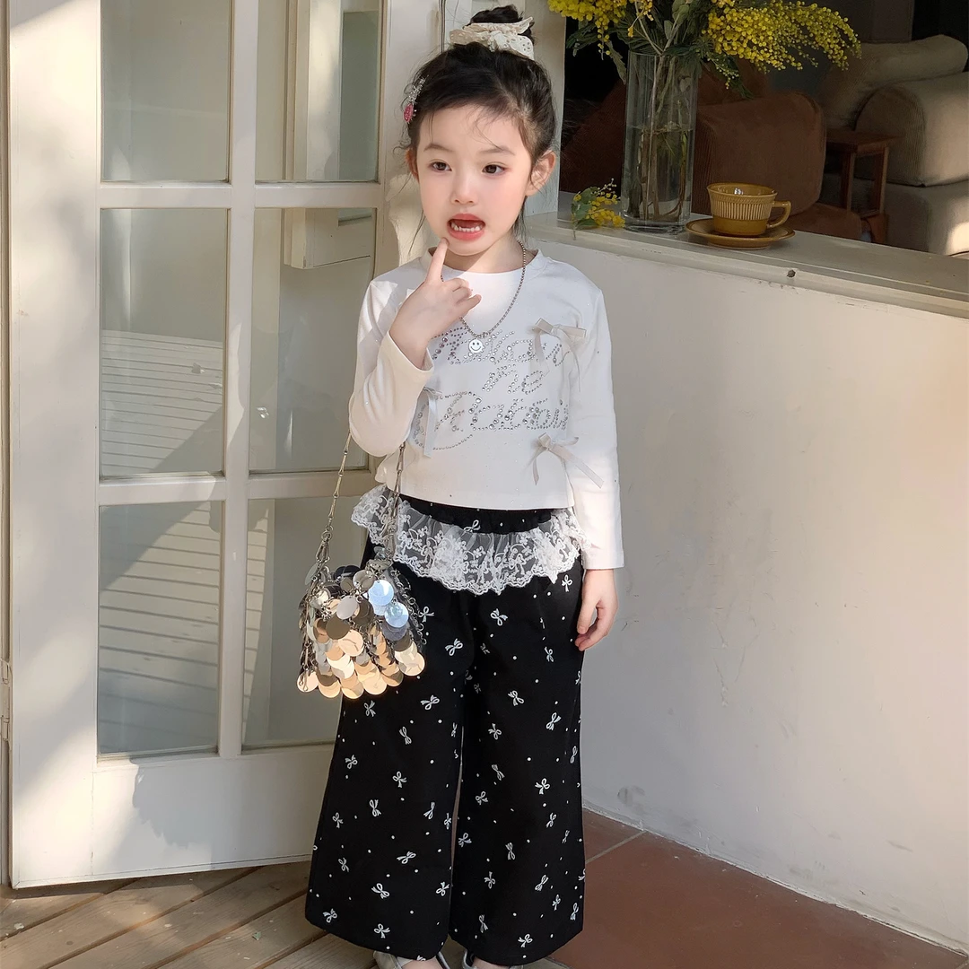 2025春季新款 女童闪闪字母带钻t恤蕾丝蝴蝶结韩版直筒裤