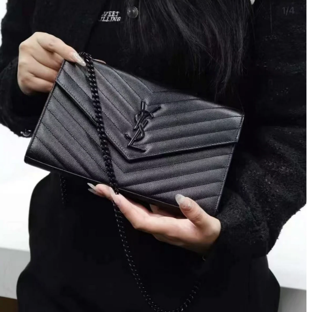 95新 YSL/圣罗兰 青奢荟/黑扣信封22链条斜跨包//89928