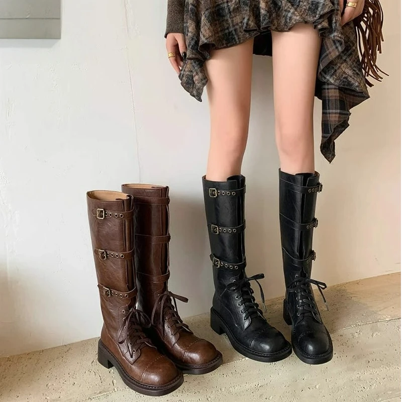 巴黎御姐~美拉德绑带高筒骑士靴女秋冬新款复古做旧皮带扣长筒靴