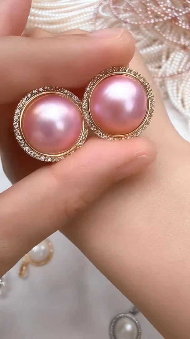 耳饰合金拼合珍珠（马贝珠）太阳花粉色