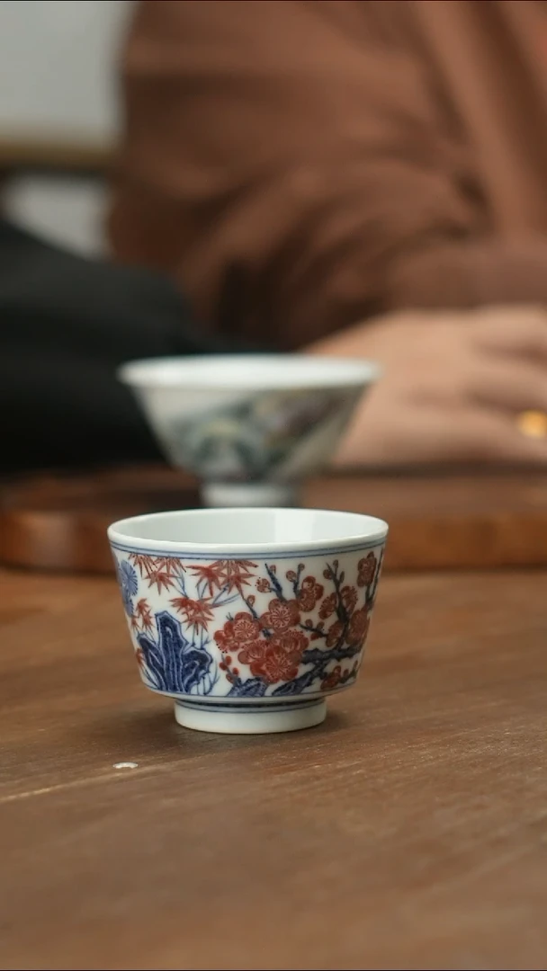 溪月慕明青花釉里红松竹梅杯
