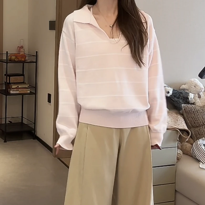 设计感条纹拼接三色POLO领针织衫女2025春款休闲百搭套头长袖上衣
