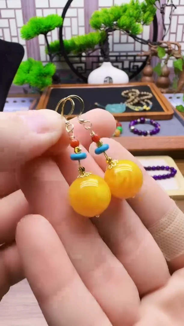 蜜蜡14K金镶嵌耳饰E208