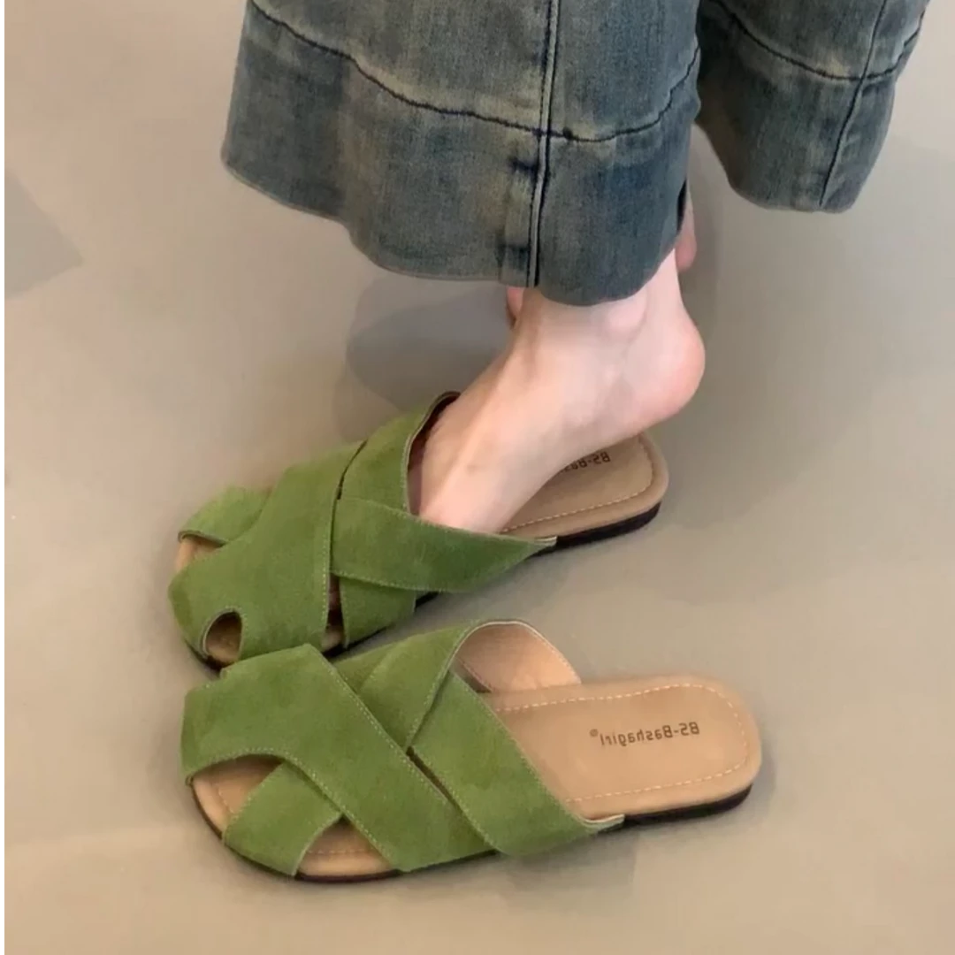 韩菲BS-7755-5磨砂皮轻便包头半拖鞋女外穿2025年镂空编织一脚蹬