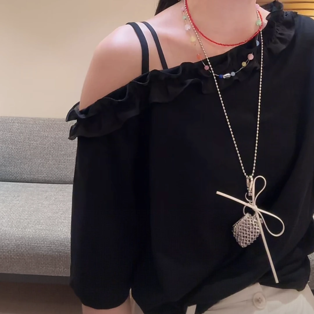 韩版宽松休闲斜领露肩短袖T恤女上衣2025春夏新款女正肩显白百搭