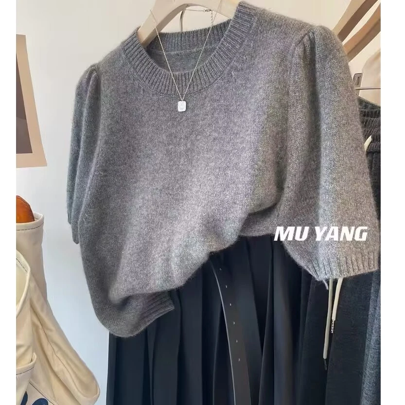 灰色宽松韩版套头圆领毛衣针织衫春夏女短袖显瘦时尚百搭打底上衣