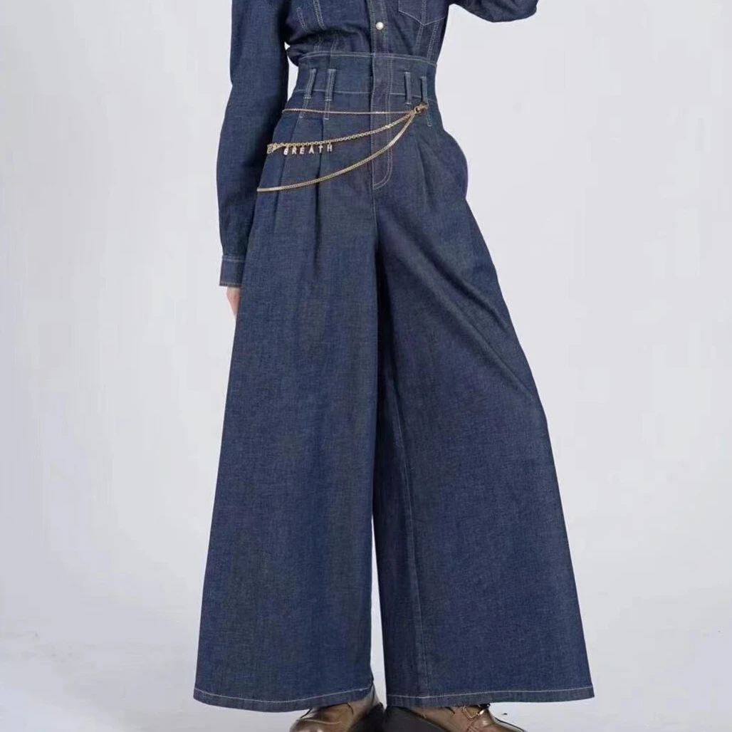 【商场同款】复古压褶牛仔裤高腰宽松时尚百搭阔腿休闲裤女1100412